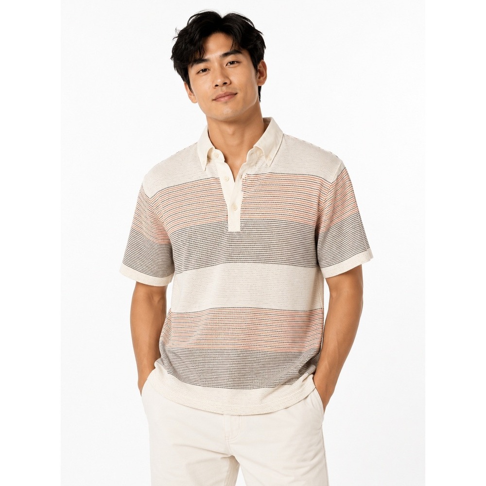 Takeo Kikuchi | Mens Textured Stripe Polo Shirt Red Navy White | Size 3